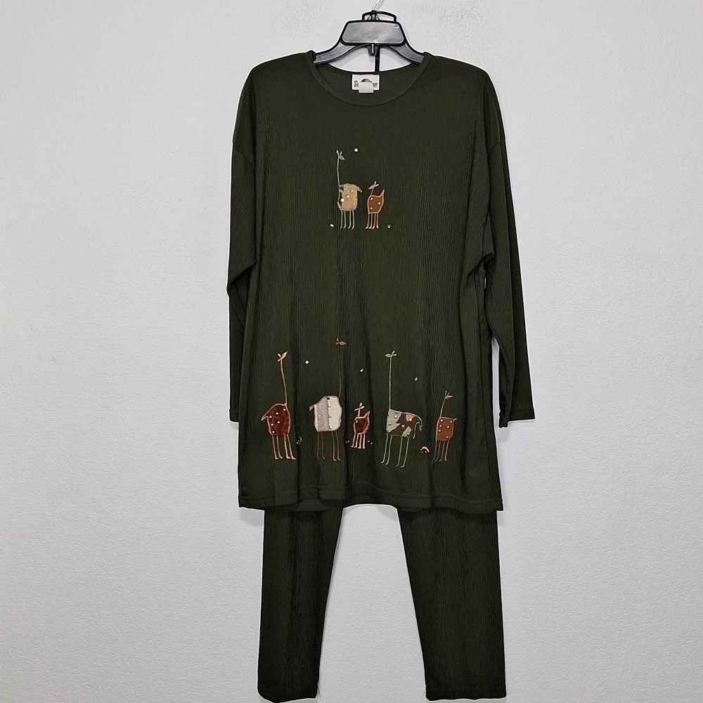 Super Line Vintage Green Grandmacore Animal Print Top and Pants Set One Size